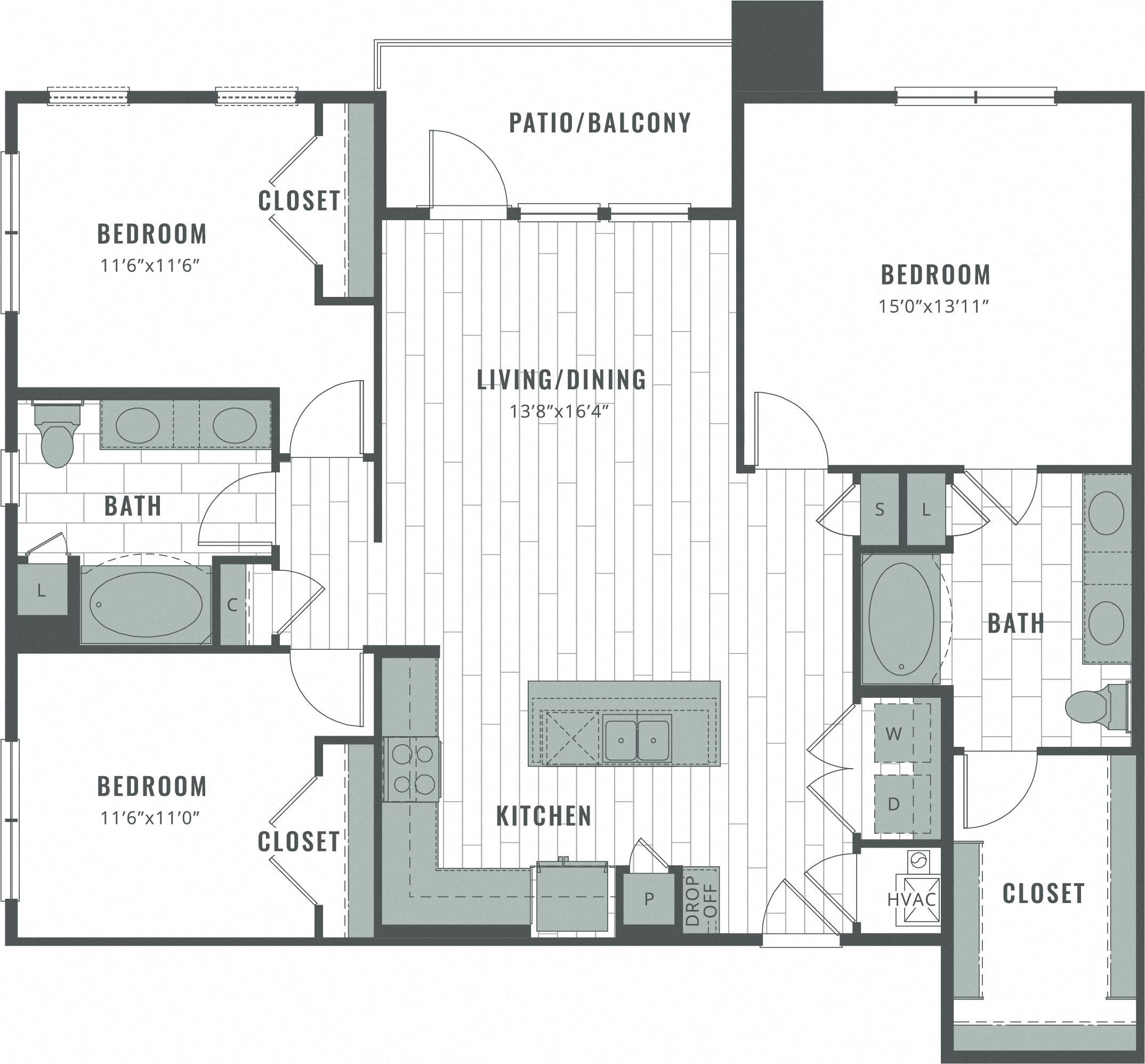 Floor plan for 3 beds, 2 baths, 1427 sqft